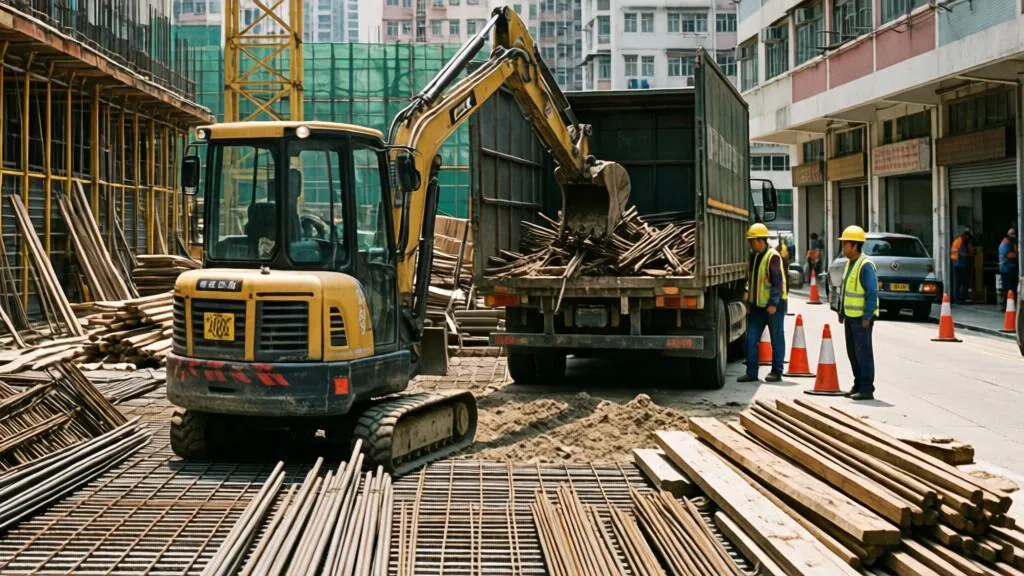 回收場內挖掘機以抓爪整理堆積鋼管及廢鐵的實景